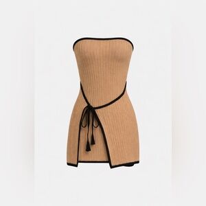 NWT Elegant Tan Strapless Dress with Black Accents & Tie Front